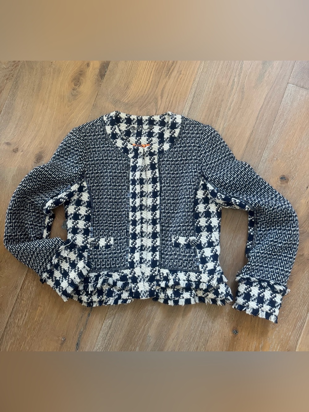 Tory Burch Navy and cream/gray Tweed Jacket with Logo Chain & Ruffle